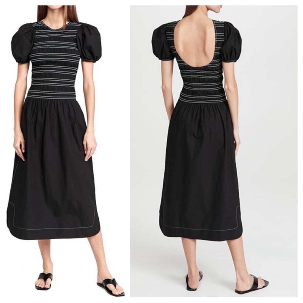 Ganni Puff Sleeve Smocked Organic Poplin Cotton Midi Dress Black 38